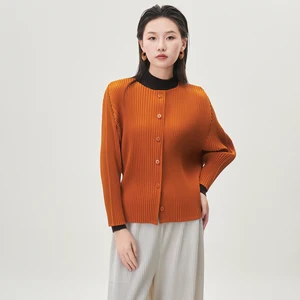 Miyake Pleated Jacket 2025 Autumn and Winter Solid Color Crew Neck Long-sleeved Cardigan Top Women's Elegant Top Jacket