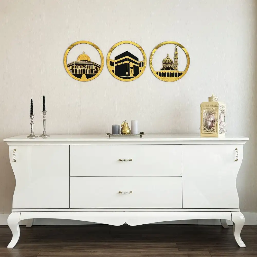 Circular Design Al Aqsa Mosque Islamic Wall Art Kaaba and Masjid An-Nabawi Set Muslim Home Decor Eid Mubarak Gift