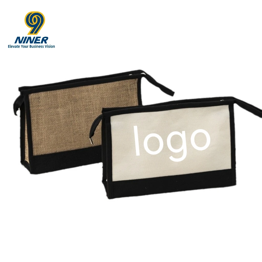 Custom Logo Makeup Bag Waterproof Canvas Jute Splicing Zipper Pouch Travel Toiletry Portable Storage Bag