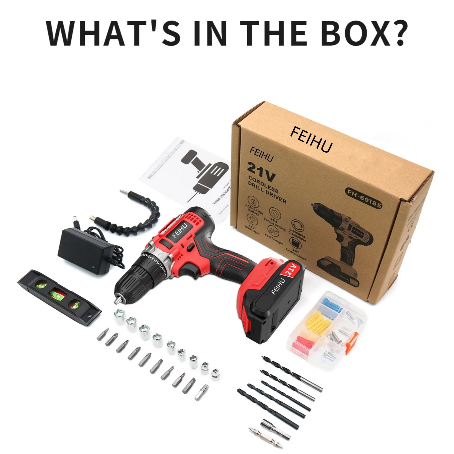 FEIHU-TECH Wholesaler Power Tool Cordless Drill Electric Power Drill Tool Set 21V Power Drill for Sale