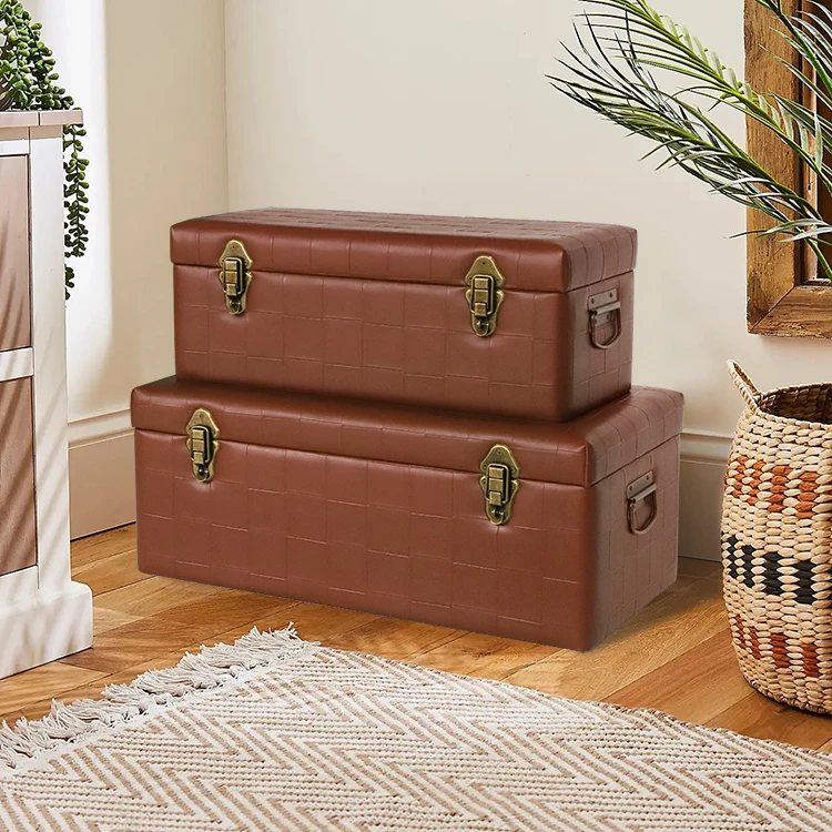 Set of 2 Brown Leather Trunks Pu Leather Trunks with Vintage Bronzed Metal Lock Accessory