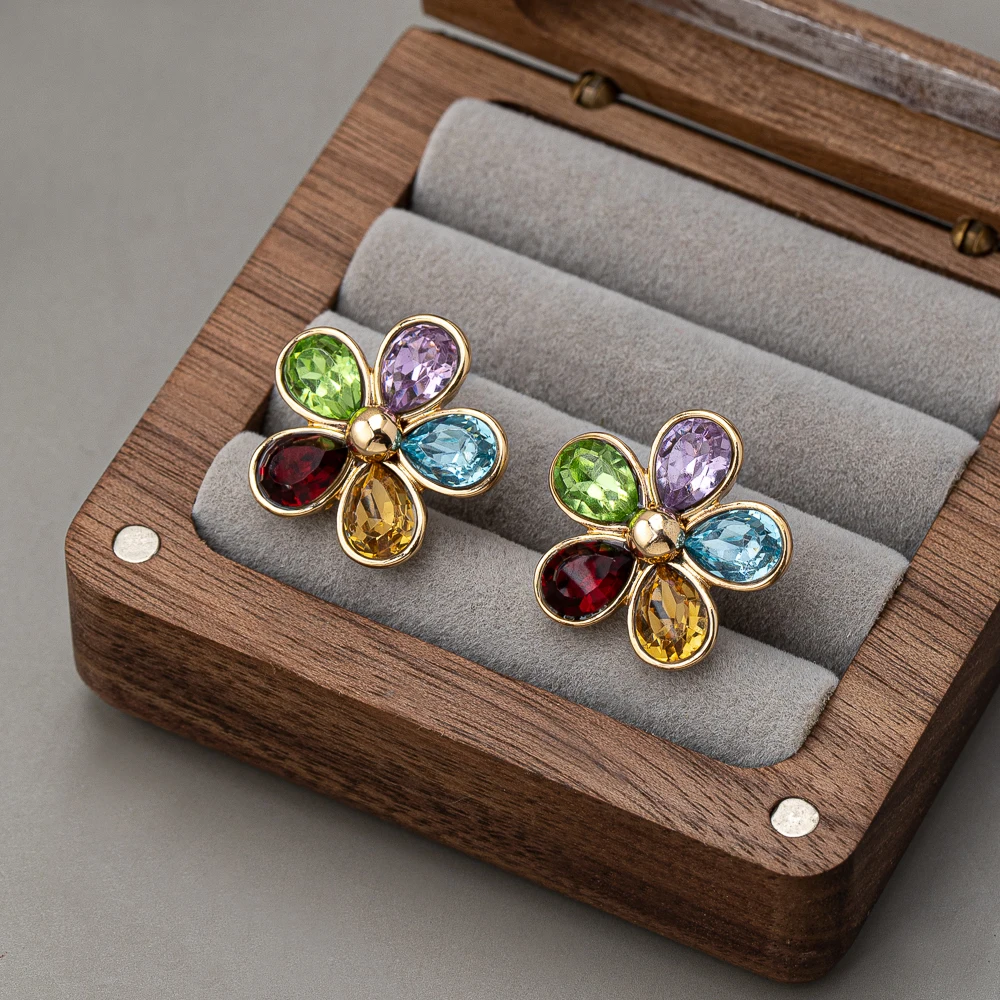 product 2024 hot selling classic style stained glass gold plated flower stud earrings wedding jewelry mainly made of zinc alloy-2