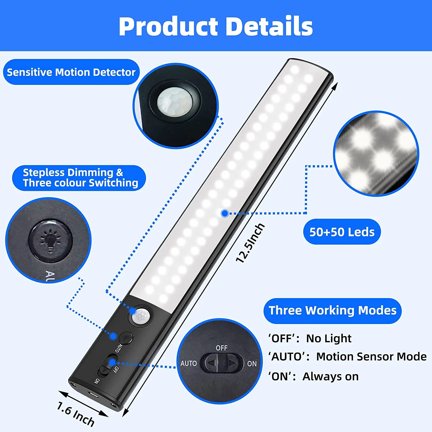 product 100 led rechargeable  lights under cabinet light stepless dimming sensor closet kitchen wardrobe stair night light-39