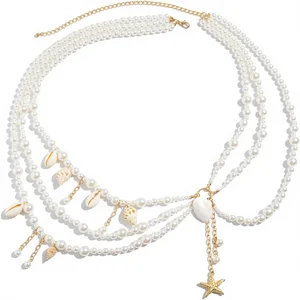 Tondiamo Pearl Alloy Natural Stone Layered Waist Chain Mermaid Beach Conch Starfish Bikini Fashion Rave Party Club Women