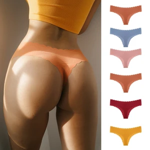 Hipsters Personalizada Plus Size Low Waist Ribbed Ice Silk Seamless Wave Edge Thong Brief Tangas De Mujer
