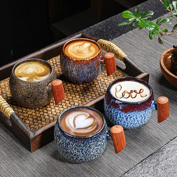 Wholesale Eco-Friendly Reusable Porcelain Ceramic Coffee Mug with Wooden Handle Creative Customized Logo Wide & Stylish Gift Set