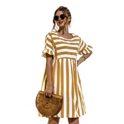 2021 Hot Sell Summer Short Sleeve Stripe With Pocket Dress Women Casual Ruffled O Neck Loose Dresses Women Clothing Vestidos