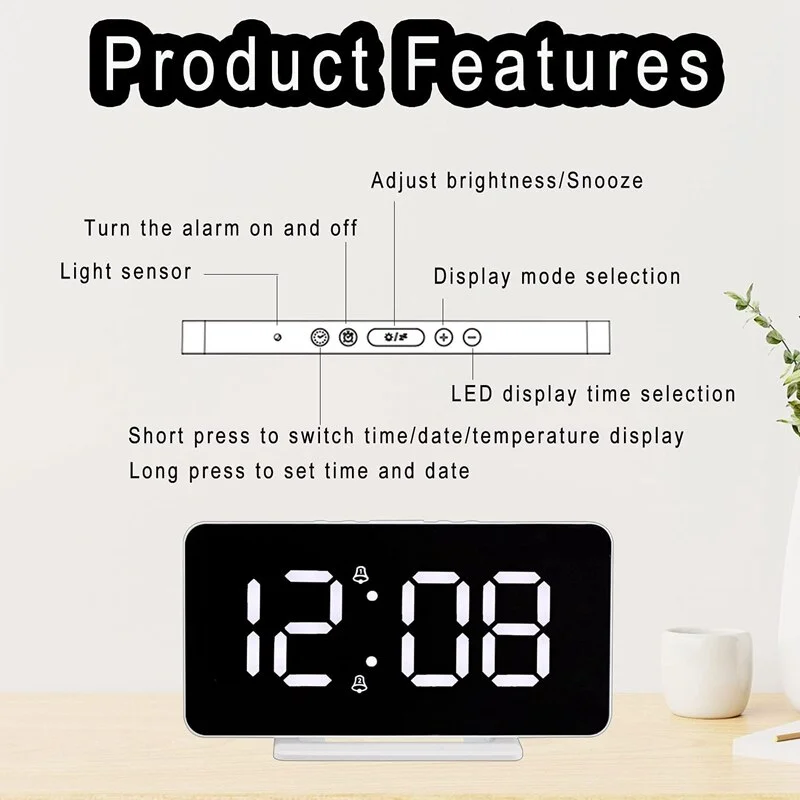 Custom Available Digital Clock Electronic Desktop LED Brightness Adjustable Temperature Snooze Double Alarm Clock for Bedroom