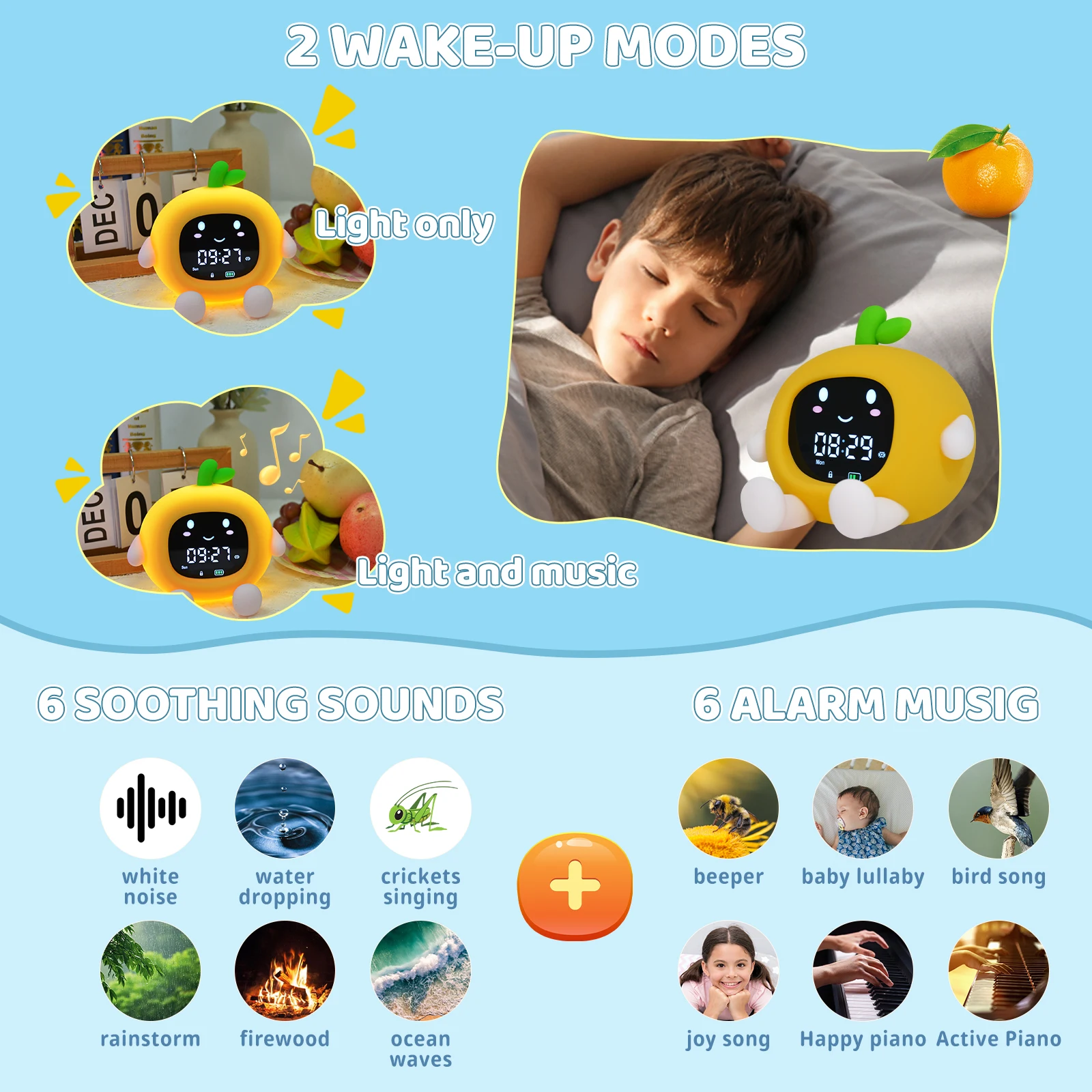 Cute Cartoon Fruit Shape Digital Alarm Clock Stay in Bed Sleep Training Clock OK to Wake Alarm Clock With Night Light for Kids