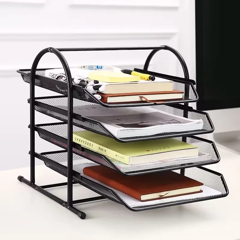 Wideny Office Metal Mesh 2 Tier Desk File Organizer Shelves With 3 Sorter Sections