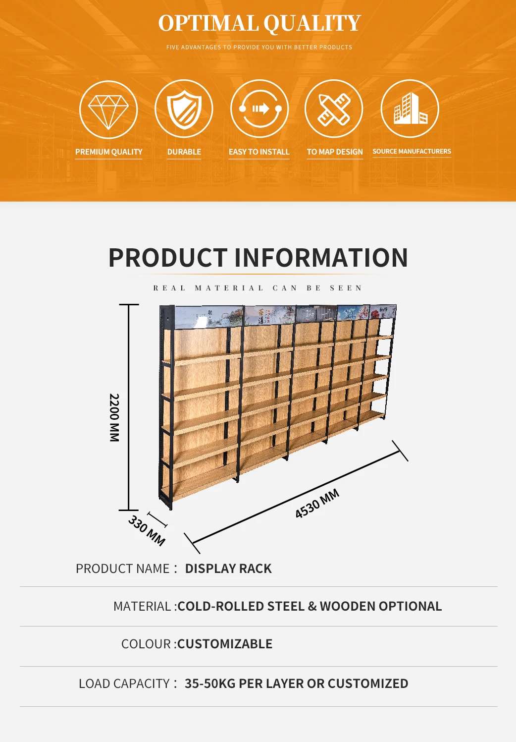 Customized Supermarket Wooden Shelf Single Side Display Racks Retail ...