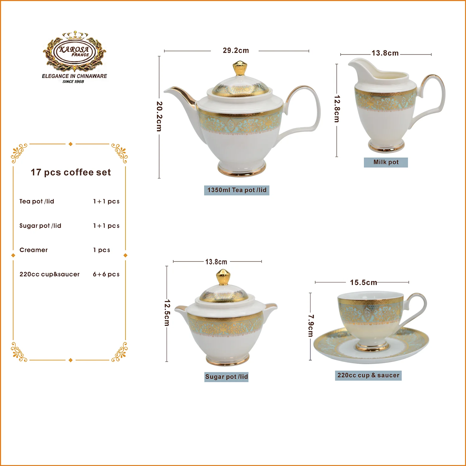 KAROSA High Quality 17pcs Embossed Gold Decorations Tea Set Luxury Style Bone China Tea Cup Set