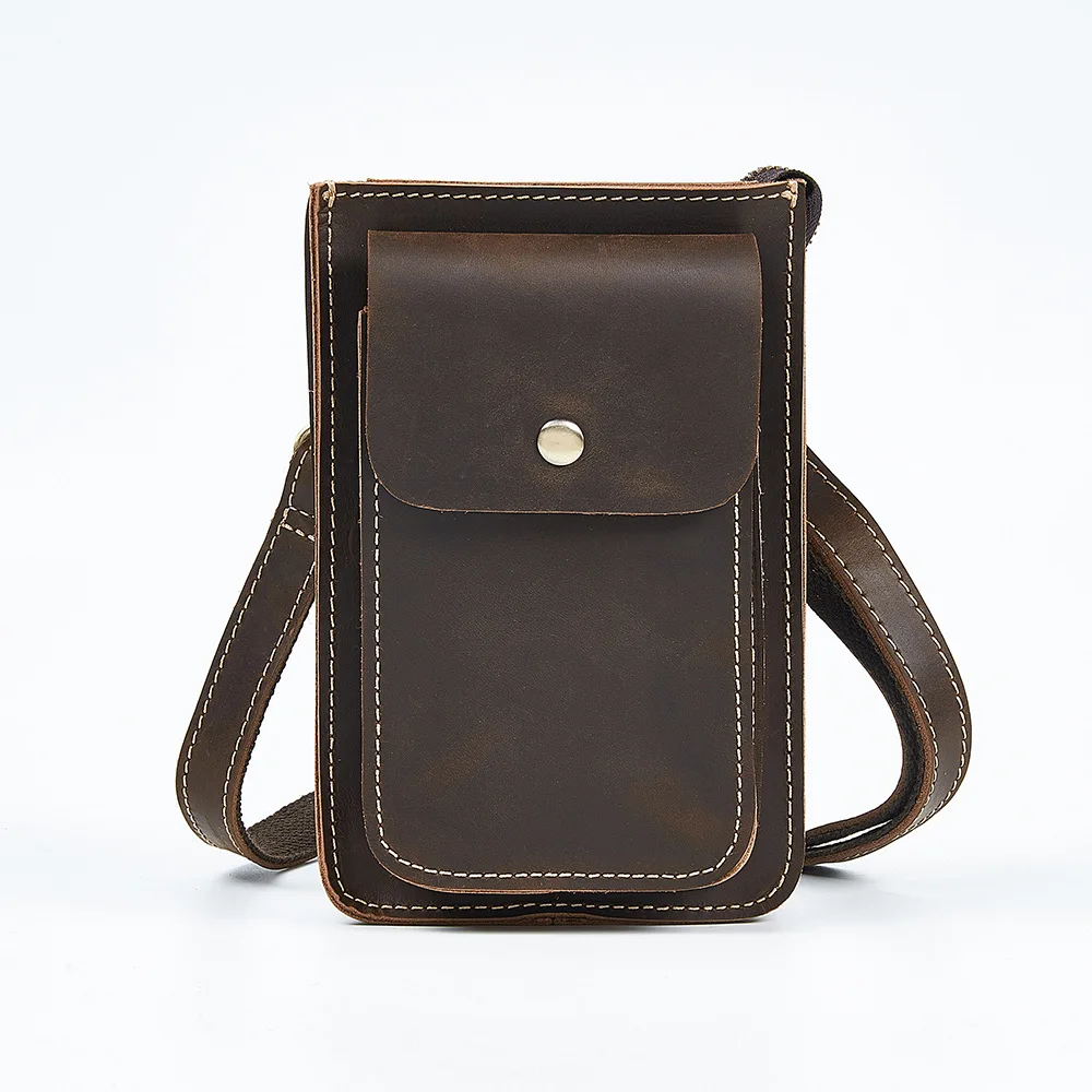 New Design Custom Genuine Cow Leather Wallet Purse Mini Shoulder Men Waist Bag Crazy Horse Real Leather Mobile Cell Phone Bag