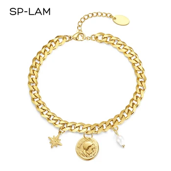 SP-LAM Gold Coin Woman Pearl Bangle Fresh Water Handmade Golden Beaded Jewelry Cuban Bracelet