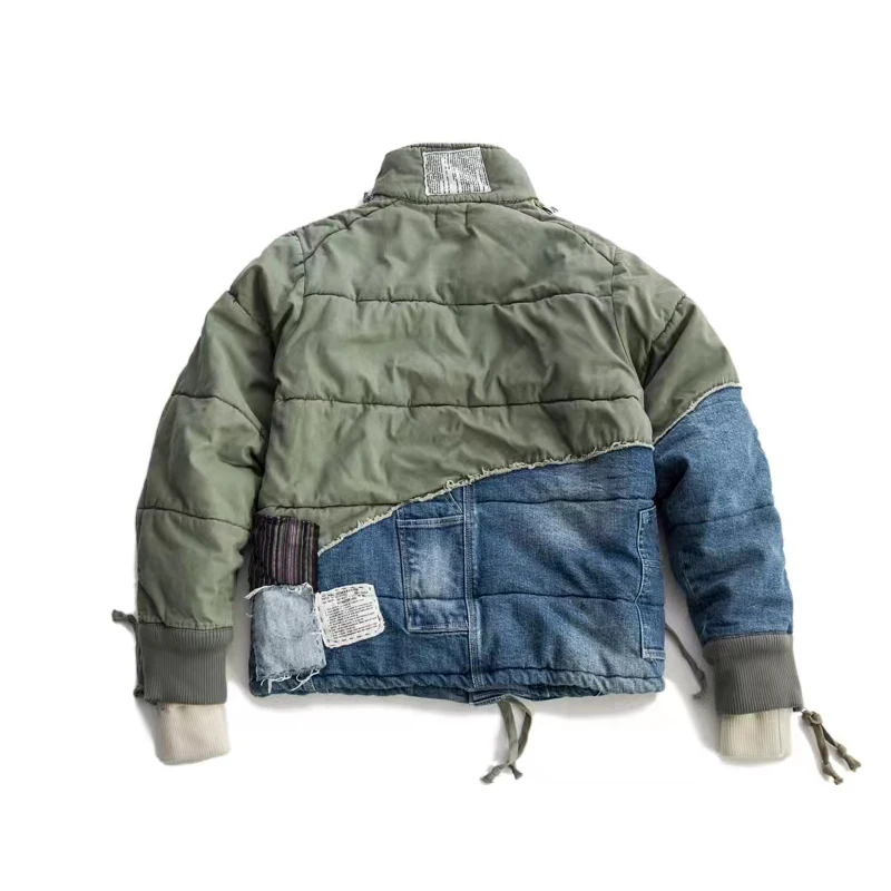 DiZNEW Heavy washing ripped jacket patch utility denim patchwork puff jacket winter warm street Duffle coat man manufacture