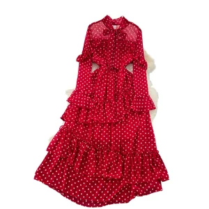 Customize Women's Empire Polka Dot Ruffled Lace Dress Asymmetric Casual Maxi Bow Collar Front Logo Woven Chiffon for Autumn