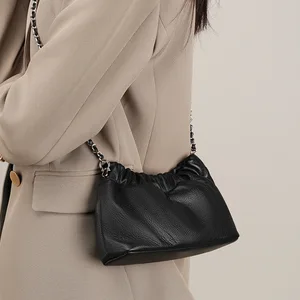 A-235 High-End Women's Gold Ball Chain Crossbody Bag Popular Style Cloud Pleated Cowhide Shoulder Bag
