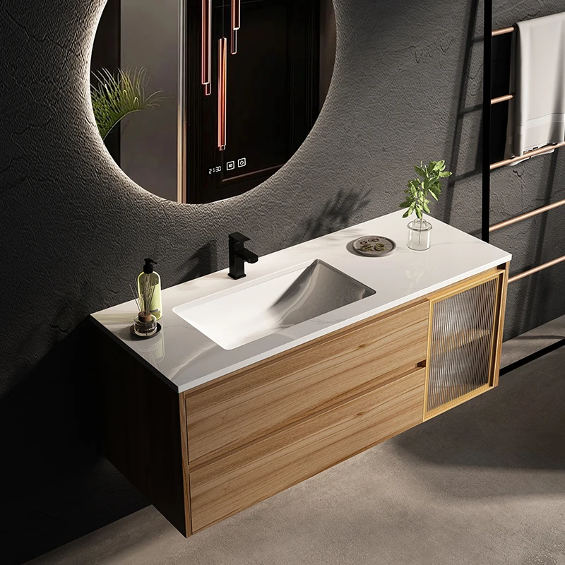 OEM Nordic Modern Log Color Round Mirror Bathroom Vanity Combination Washstand Solid Wood Bathroom Cabinet With Sink