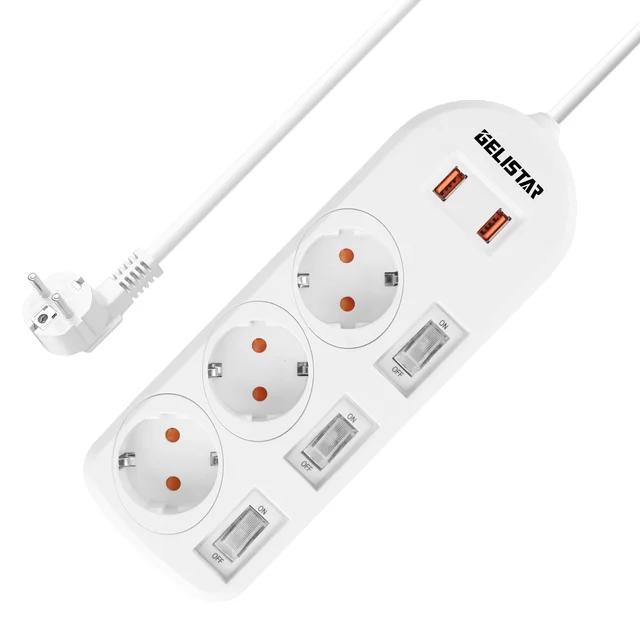 Simply Style 3 Outlets 2 USB EU Extension Socket Power Strip Surge Protection Individual Switch