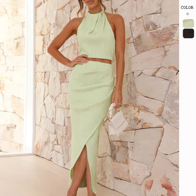 Vintage Solid Color Summer Top with Sexy Bow Collar Women's Full Length ODM Set Sweet Style Fashion Clothes
