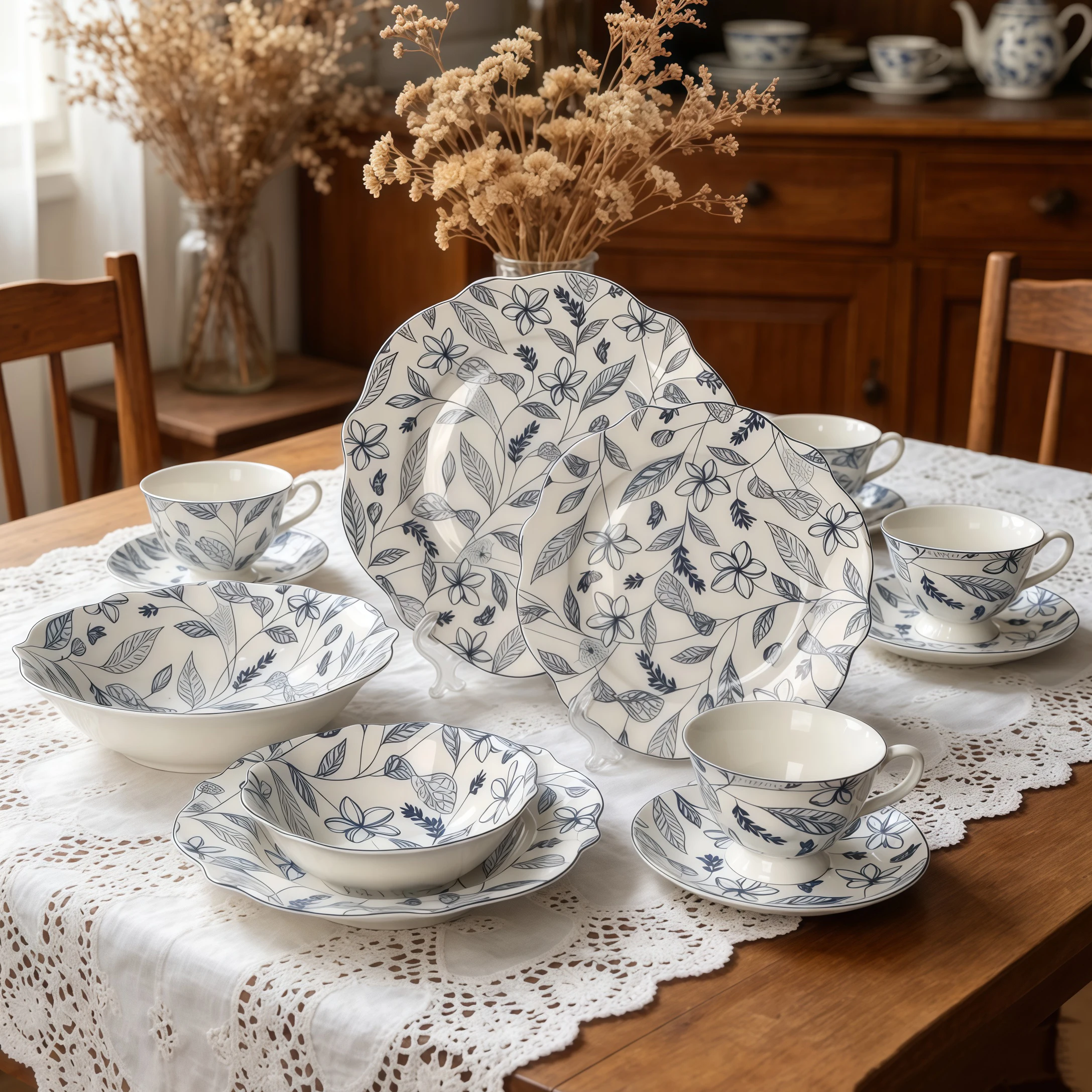 Aangepast retro blauw bloem- en bladmotief met gekartelde rand, porseleinen serviesset, keramische dinerborden, koffiekopjes en schotels