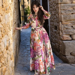 AELESEEN Sicilian Party Dress Women Spring Summer Full Sleeve Lace Beading Turn-down Collar Natural Waist A-line Floral Print