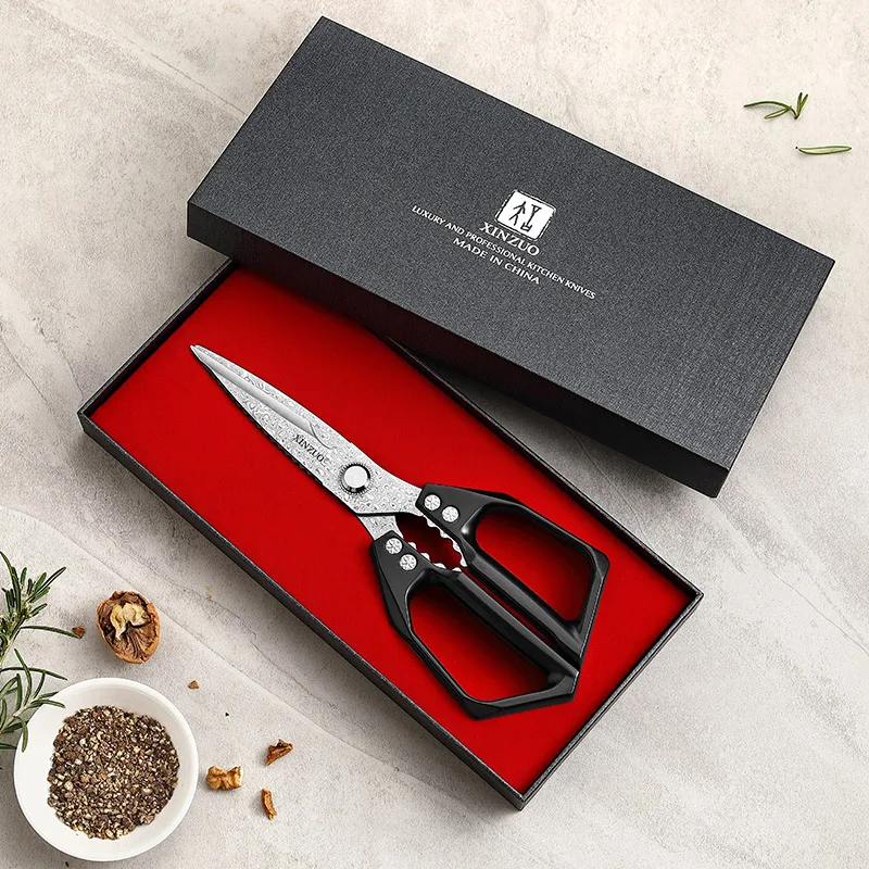 XINZUO New Multipurpose High Quality 110 Layers Damascus Steel Black Kitchen Scissors Stainless Cutting Shears with Gift Box