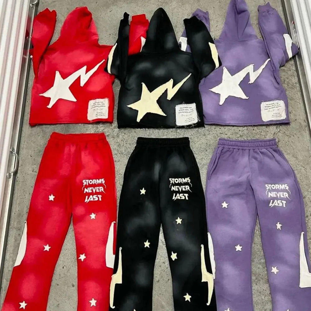 Activewear Acid Washed Sweat Suits Unisex Zipper Hoodies Tracksuit Set Acid Wash Distress Patch Flared Sweatpants and Hoodie Set gallery 4