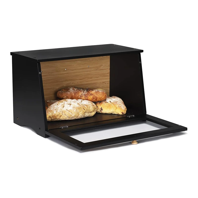 Wholesale Kitchenware Bamboo Food Storage Holder Bin Bread Box Acrylic Door Eco-Friendly Large Capacity for Homemade Bread Black