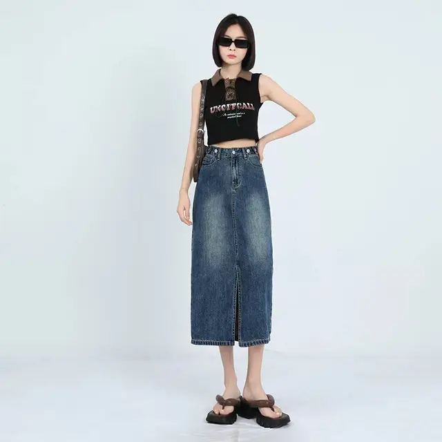 A-line Vintage Split Long Skirt Ladies Front Split Washed Denim Women Casual Wear