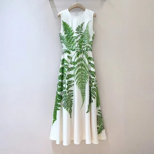 High Quality New 2026 Summer High Street Women's Green Leaves Print 100% Cotton Anti-Wrinkle Maxi Dress Pockets Sleeveless for