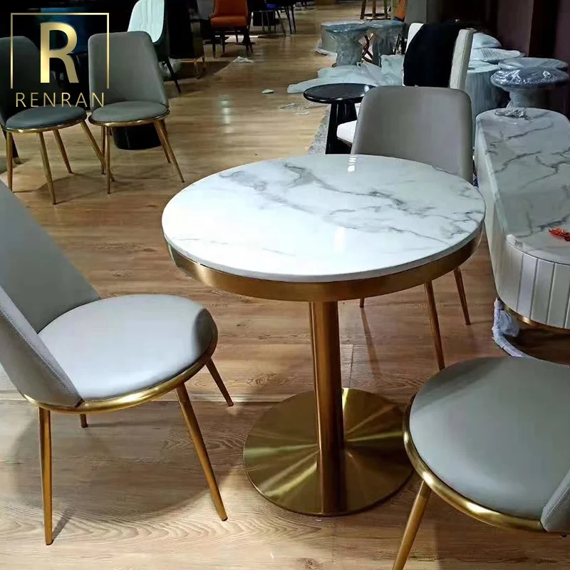 Popular Luxury Modern Marble Top Brass Gold Stainless Steel Base Round Cafe Dining