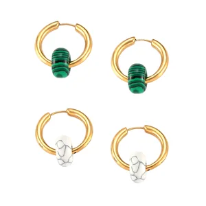 MW Trendy Stainless Steel Round Hoop Earrings 18K Gold Stainless Steel Turquoise Tiger Eye Natural Stone Hoop Earrings for Women