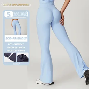 YISHENHON Recyclable Fabric Quick Dry Yoga V Waist Gym Leggings Running Workout Wide Leg Pants Flare Woman Sport Pants