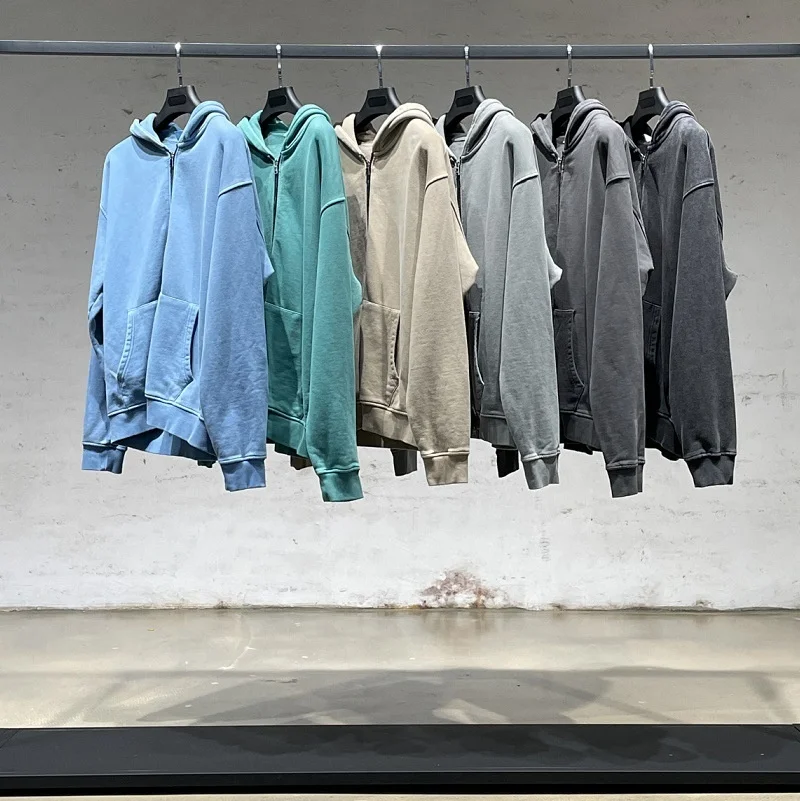US Style Hoodie Washed Vintage Cotton Double Zipper Acid Washed Hoodie Men Oversize Casual Men’s Zip up Hoodies