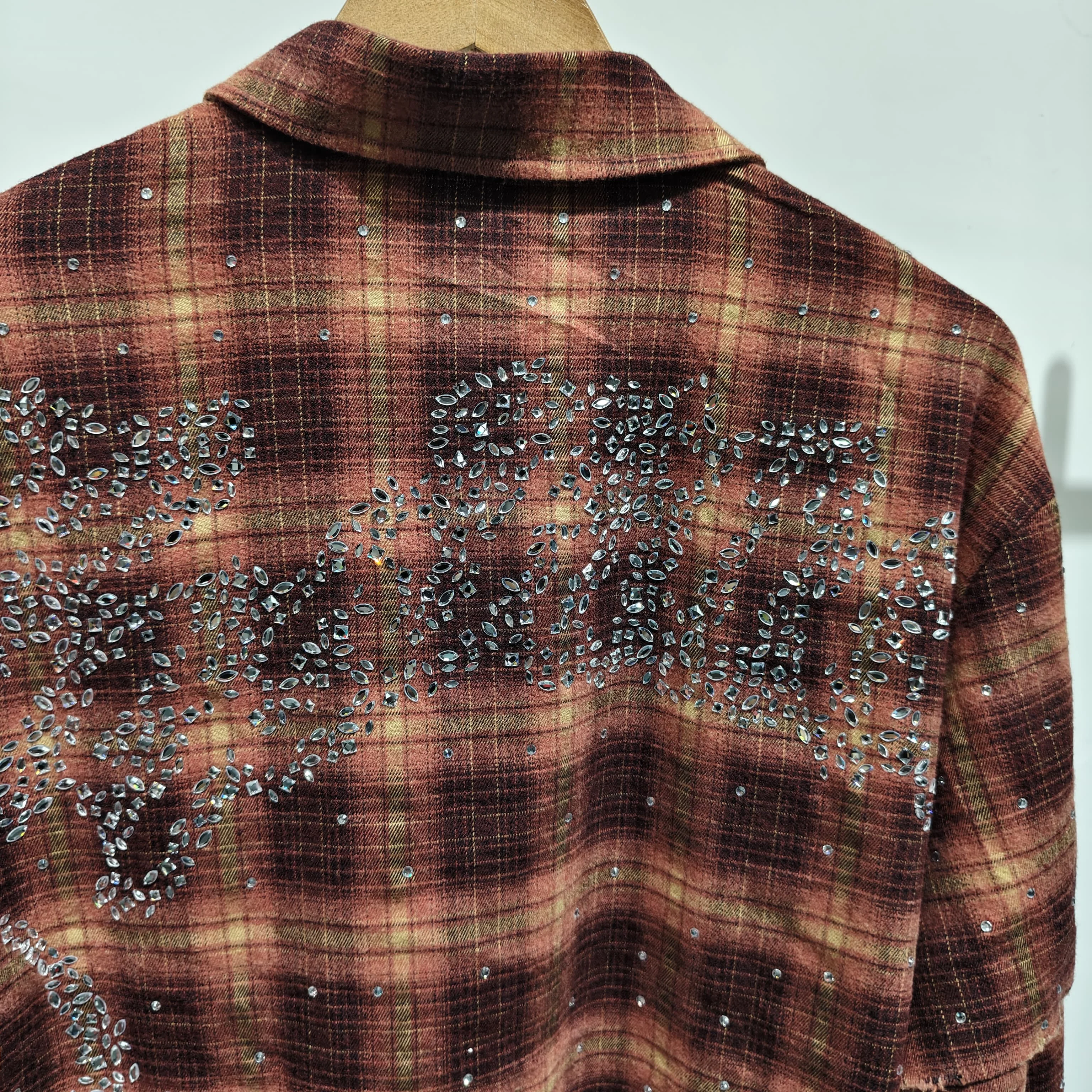 Custom High Quality 100% Cotton Vintage Oversized Streetwear Plaid Flannel Long Sleeve Shirt with Rhinestone gallery 4
