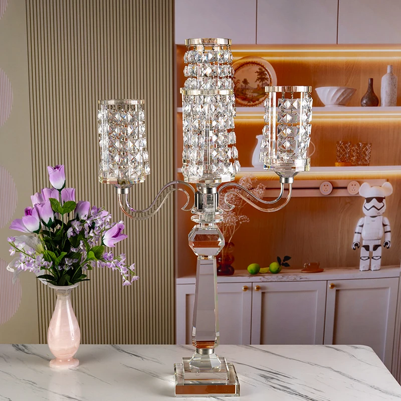 Hot Selling Five Arm Long Handle Glass Tall and Elegant Wedding Center Home Decoration Crystal Candle Holder