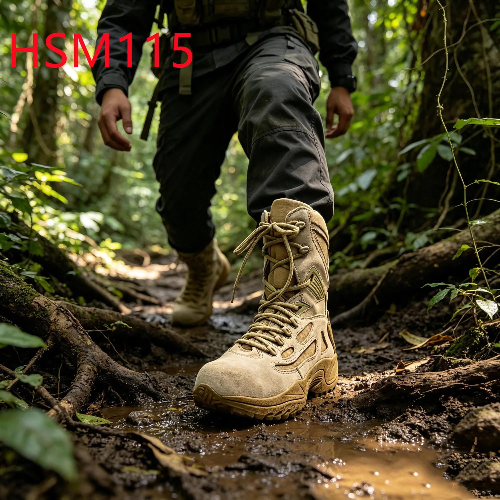 HY,Cross-country Flexible Support System Hua Singh Tactical Boots with Zip Strong Grip Rubber Sole Black/tan Combat Boots HSM115