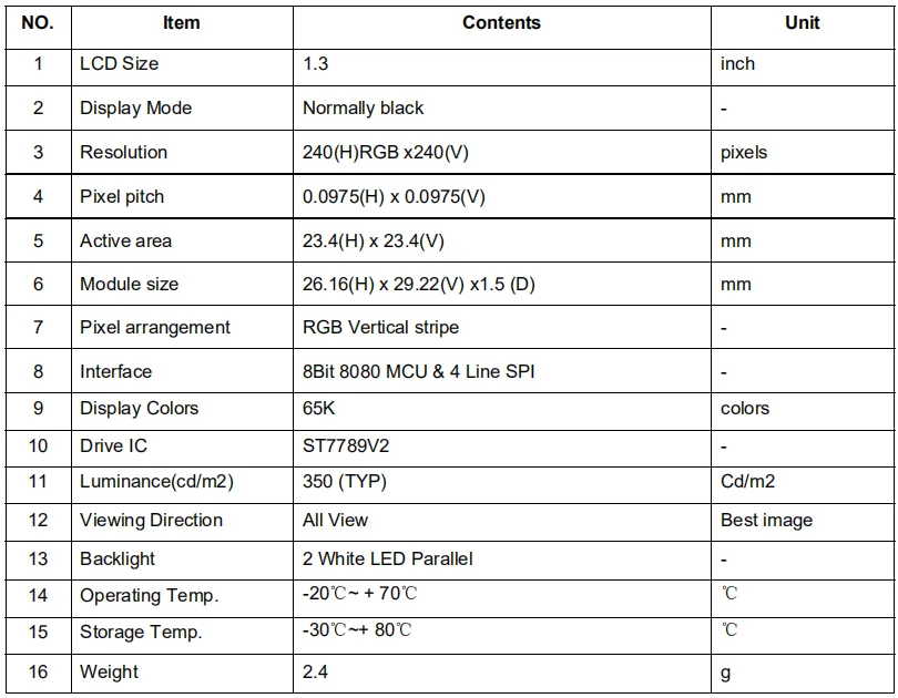 8bit 8080 Mcu 4 Line Spi Lcd Tft Display 1.3 240x240 1.3inch 24pin Tft 