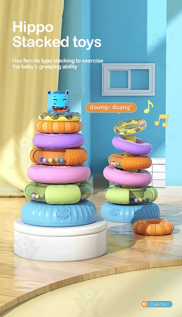 Chengji hot selling juguetes educational new born baby plastic toy musical rainbow stacking ring tower