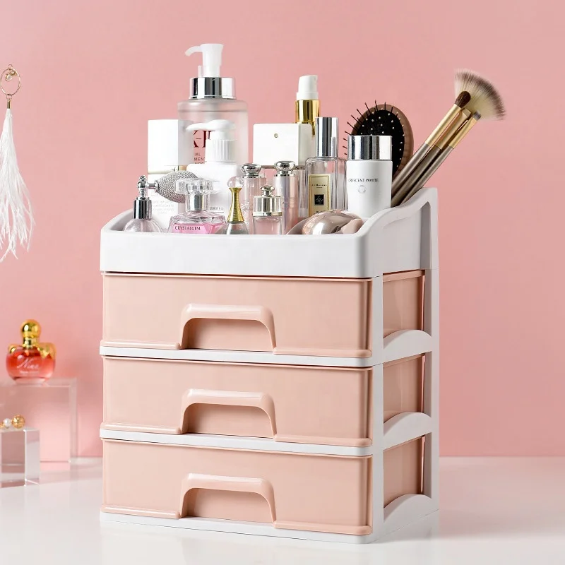 Недорогая пластиковая столешница для хранения косметики, органайзер для макияжа с 3 ящиками для косметических кистей, ногтей, помады и ювелирных изделий