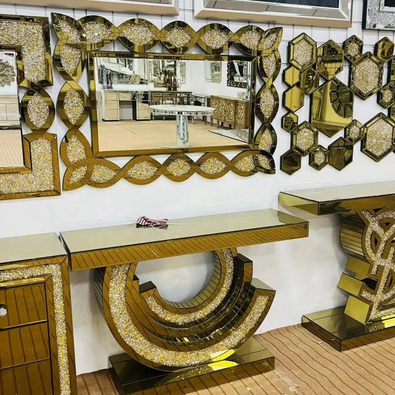 Modern Irregular Shape Glass Console Table with Extendable Mirror for Living Room Dining Workshop Hotel and Home Furniture