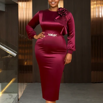 AM050749 Elegant O Neck 3D Flower Long Lantern Sleeve Satin with Rhinestones Belt Wine Bodycon Midi Formal Women's Casual Dress