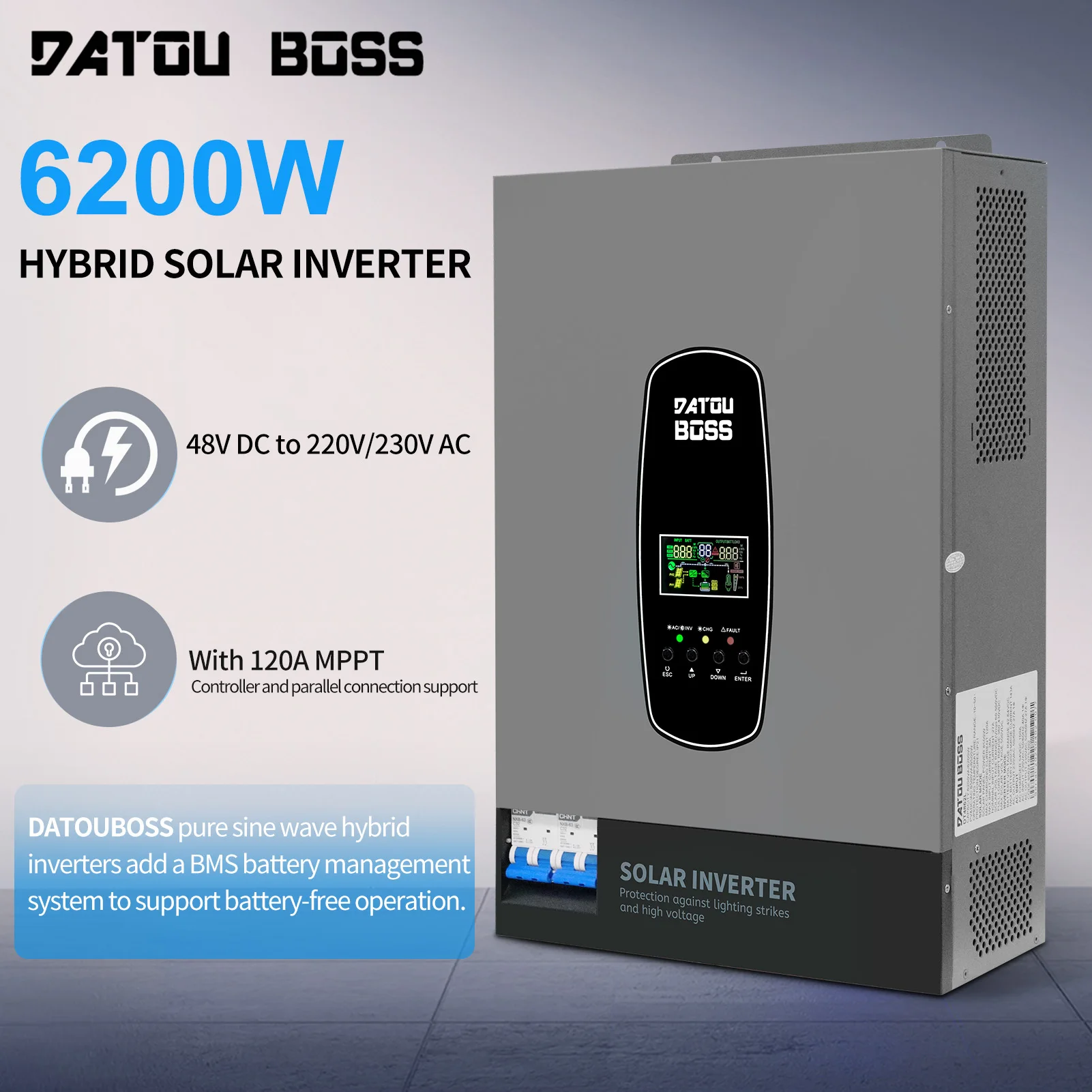 EU Auf Lager 6,2 kW 48 V reine Sinuswelle MPPT Datouboss einphasige Solar-Wechselrichter-Hybrid-Solarwechselrichter_voghion.com