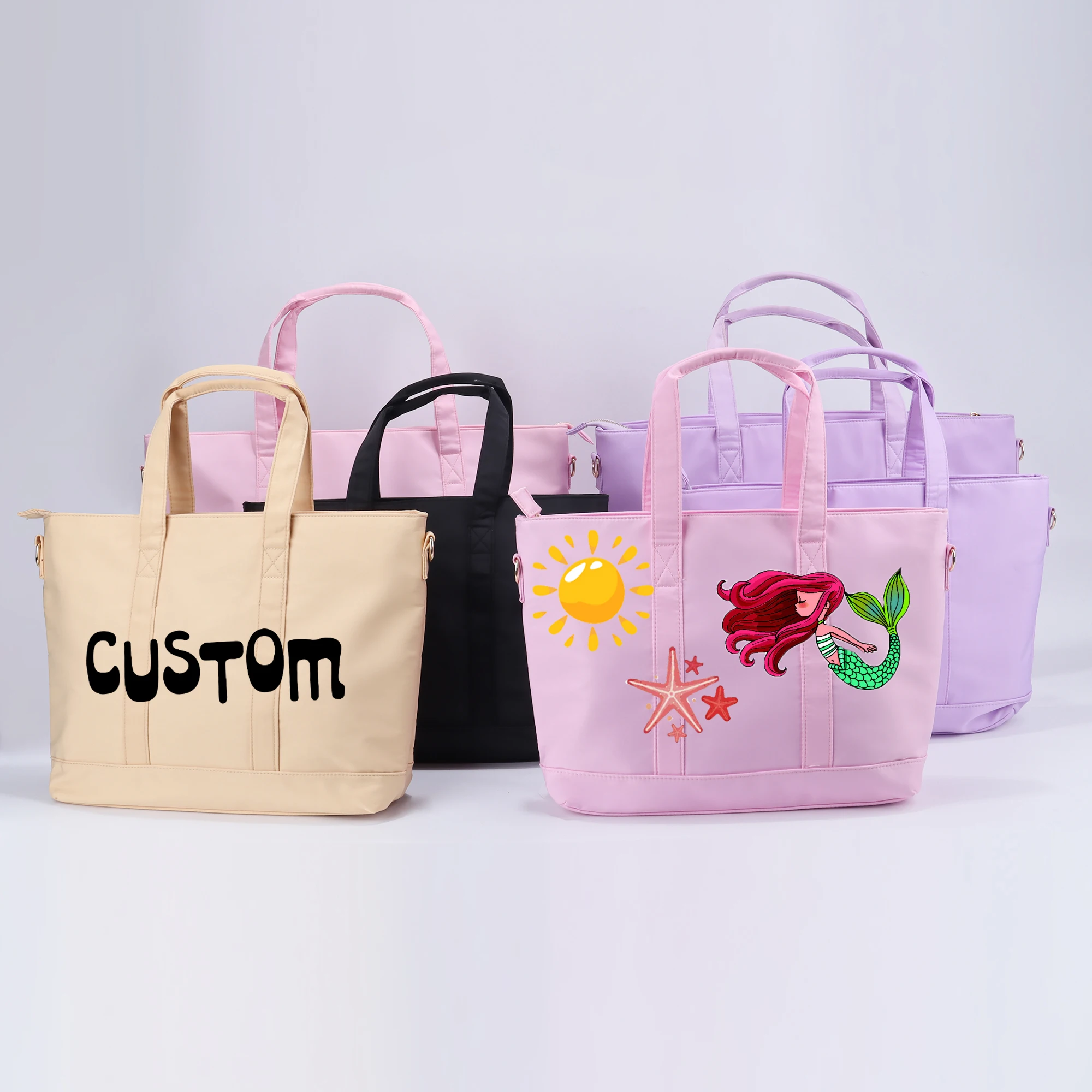 Machine Washable Eco Friendly Women Men Large Size Work Travel Beach Bag  Waterproof Tote Bag Plain Pink Black Nylon Tote Bags