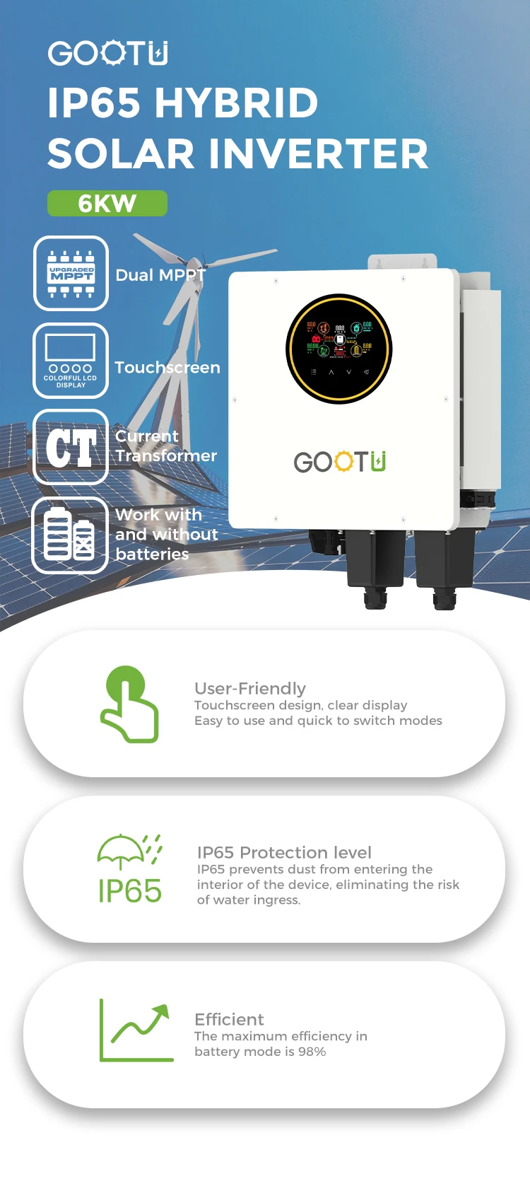 GOOTU Single Phase IP65 Hybrid Solar Inverter 6KW 230Vac MPPT 60Vdc ...