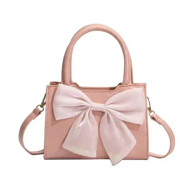 Women's Fashionable PU Material Bow Handbag Small Square One Shoulder Crossbody Bag