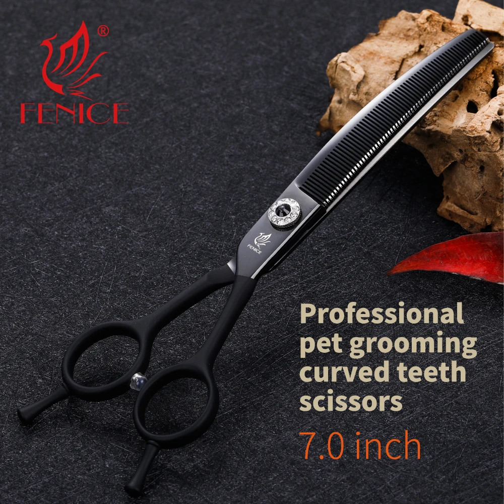 Fenice Latest Pet Dog Grooming Scissors Cutting Scissor Thinning Crystal Black Curved Tools Pet Cleaning for Dog 2020