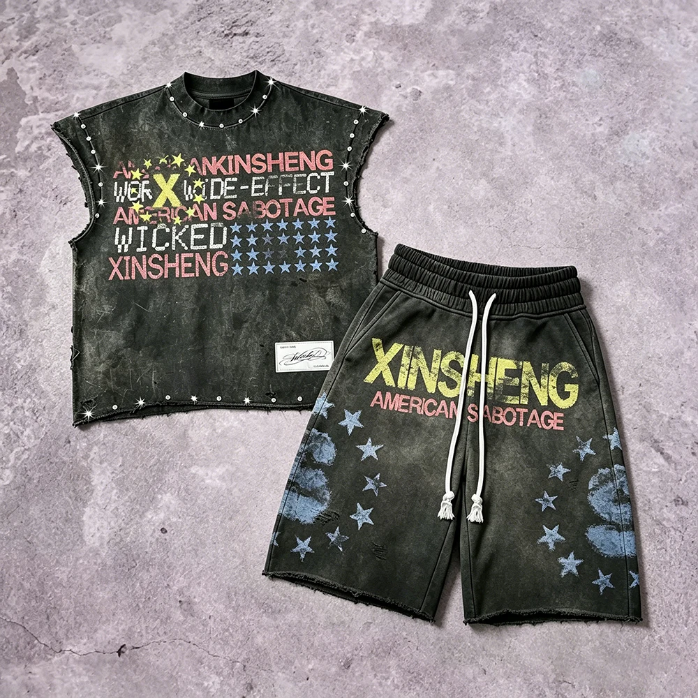 Streetwear Custom Silk-screen Printing Vest Acid Wash Tee Rhinestone Sleeveless T-Shirt and Sweat Shorts Set tank Top Men