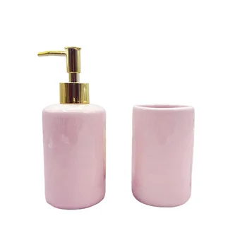 Stock 2pcs Modern ceramic bathroom set pink color with golden S/S pump soap dispenser for the romantic valentines Gift to her